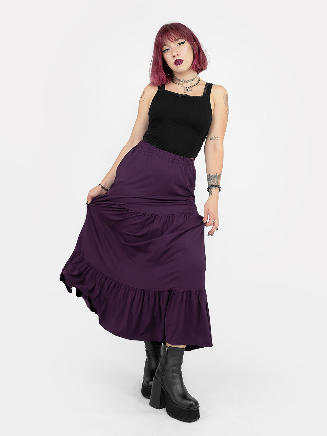 Oblivion Purple Ruffle Midi Skirt