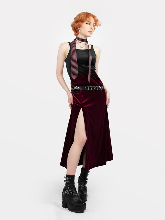 Burgundy velvet midi skirt with cutout Hestia