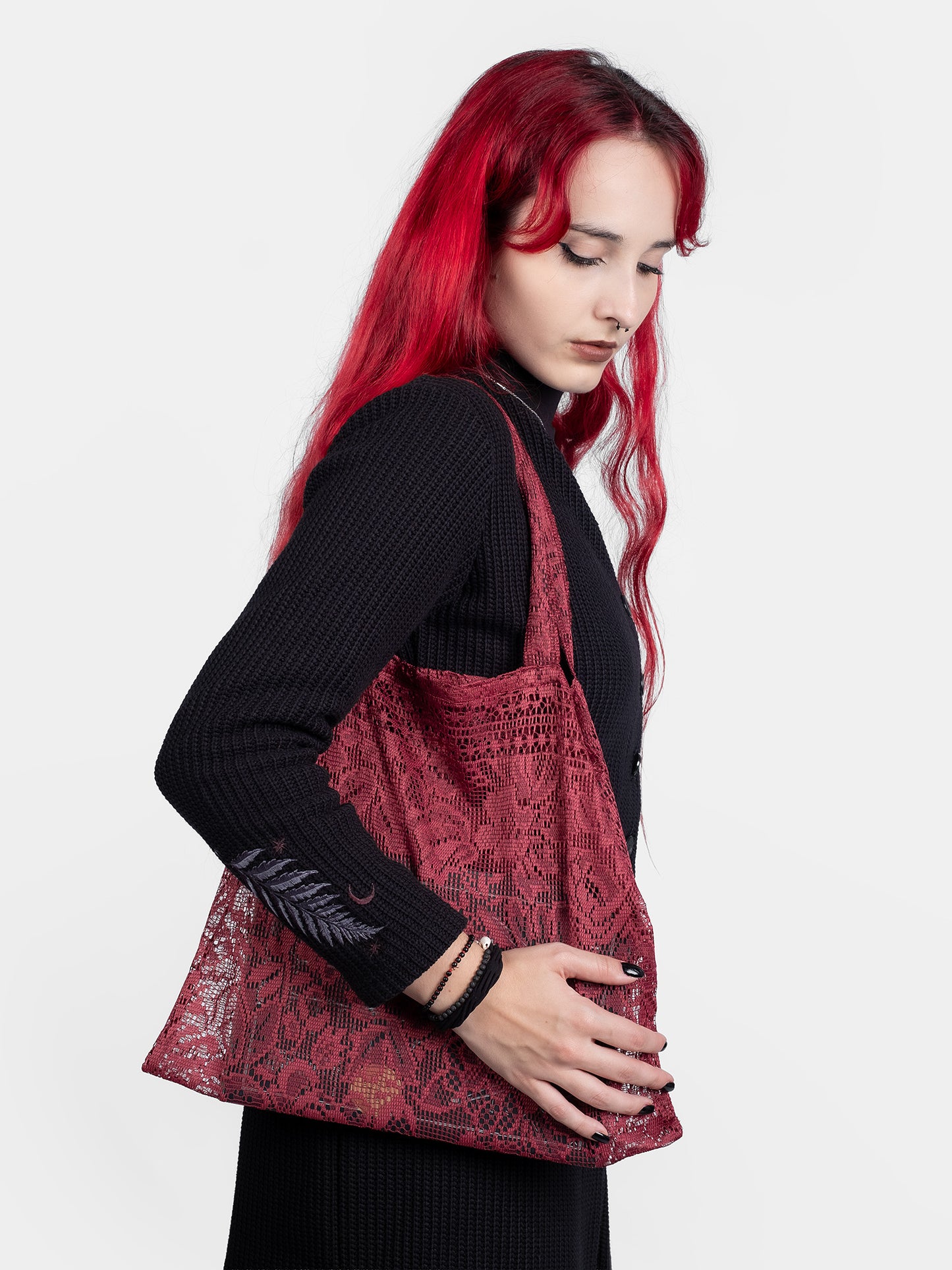 Torba zero waste z bordowej koronki