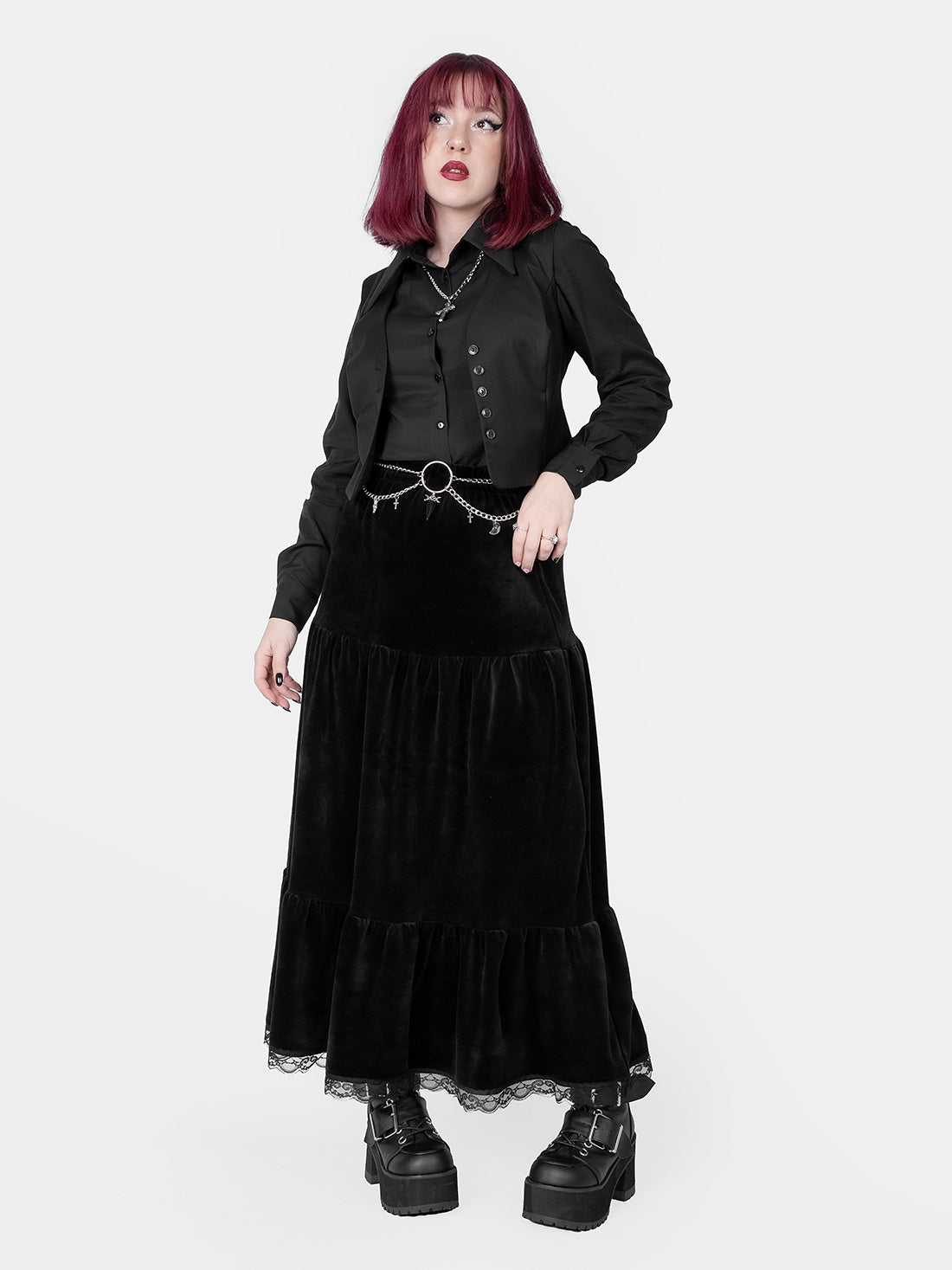 Welurowa spódnica maxi z falbanami Oblivion