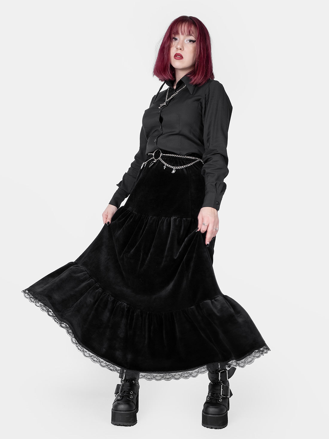 Welurowa spódnica maxi z falbanami Oblivion