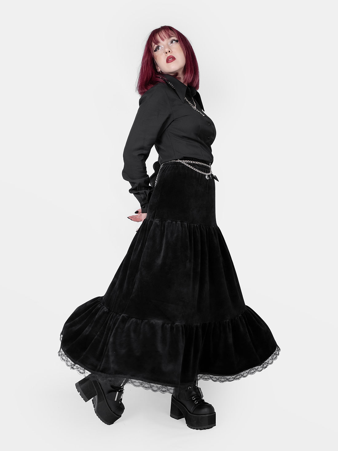 Welurowa spódnica maxi z falbanami Oblivion