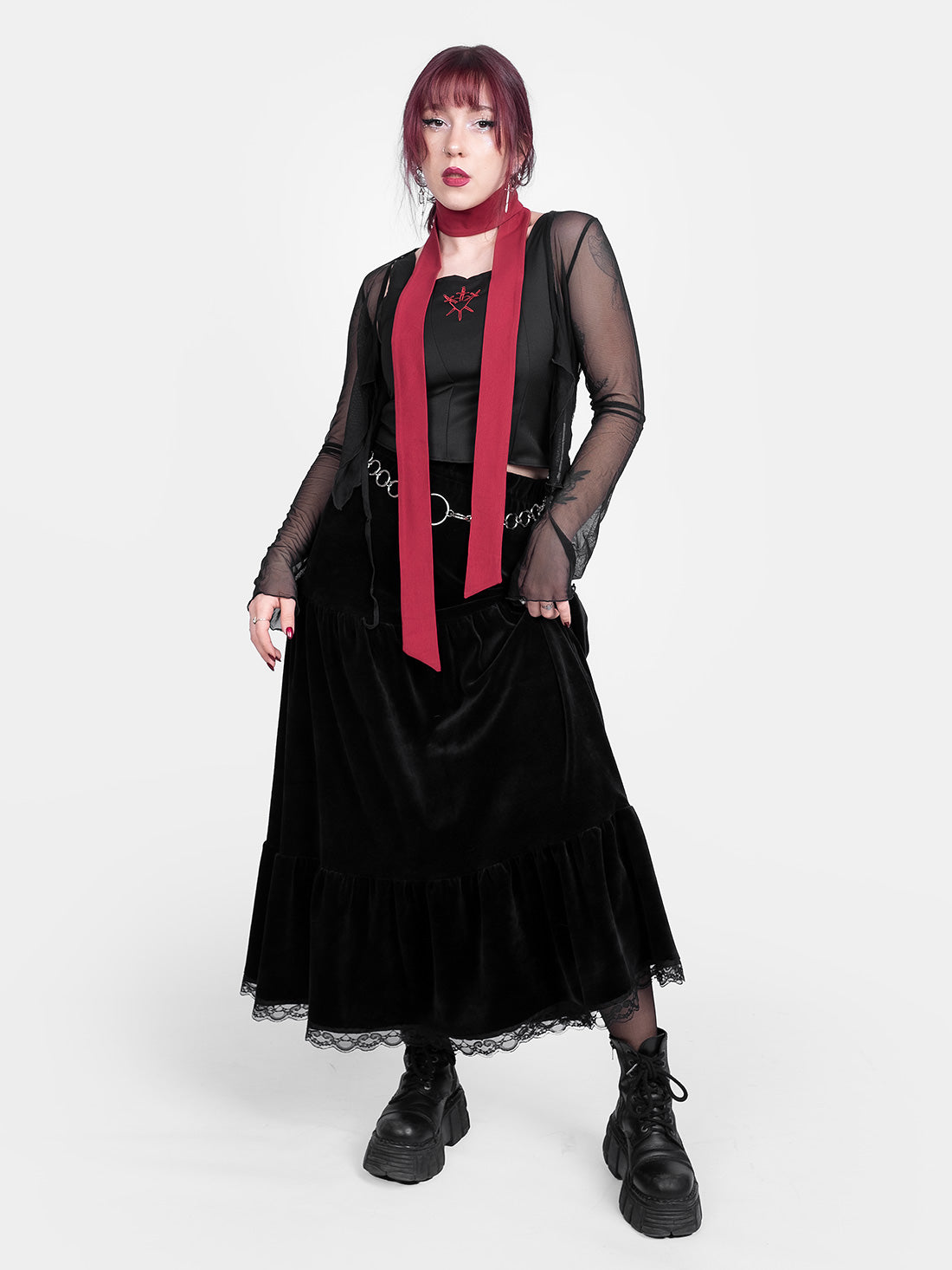 Welurowa spódnica maxi z falbanami Oblivion