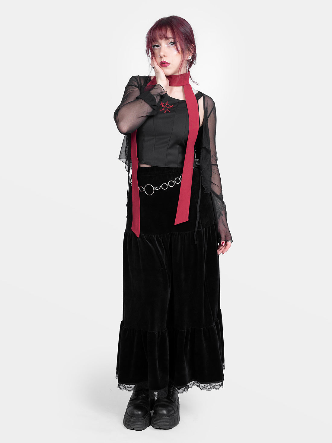 Welurowa spódnica maxi z falbanami Oblivion