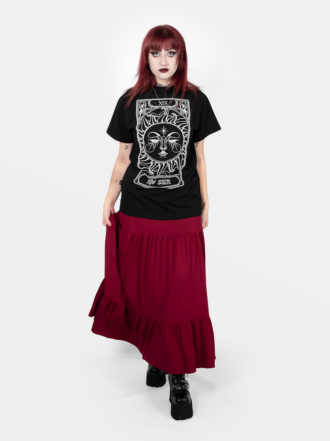 Oblivion Burgundy Ruffle Midi Skirt