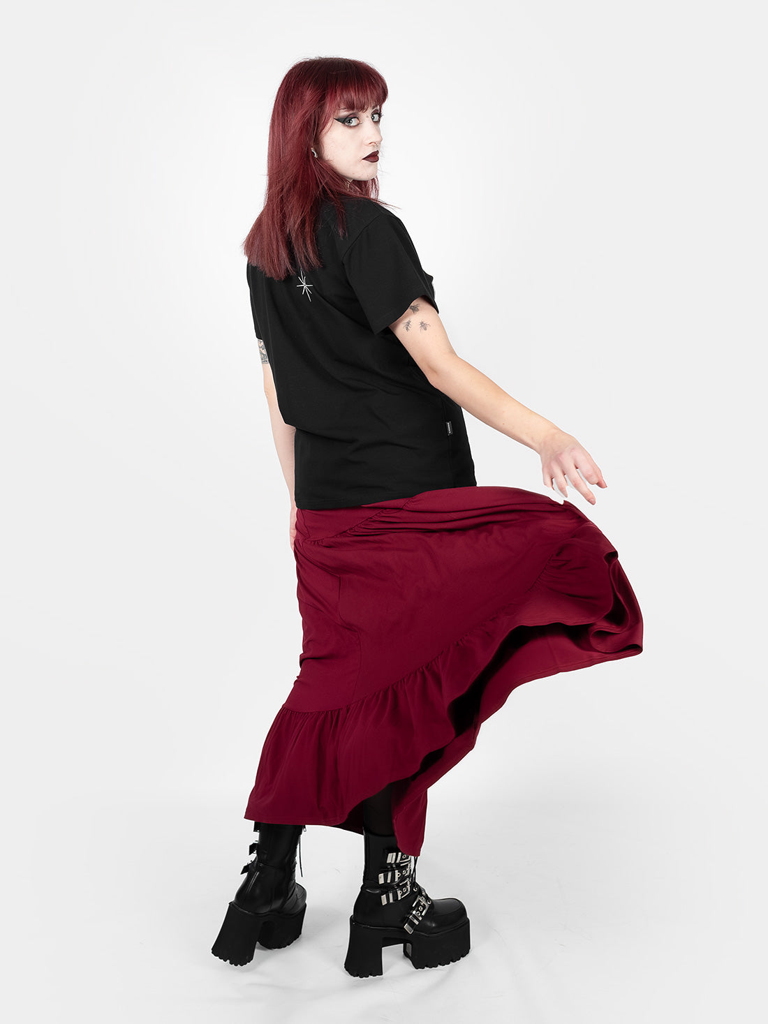 Bordowa spódnica midi z falbanami Oblivion