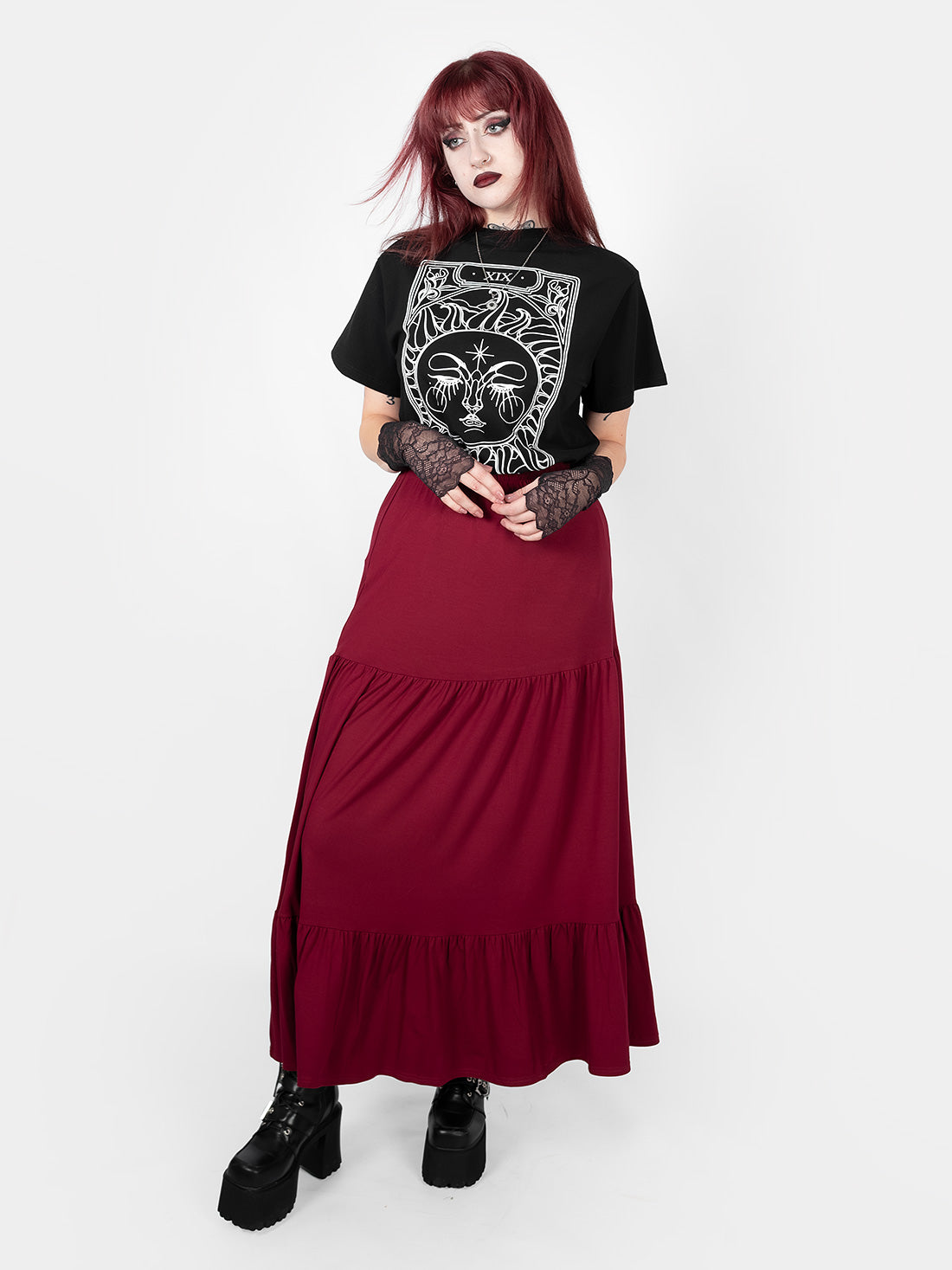 Bordowa spódnica midi z falbanami Oblivion