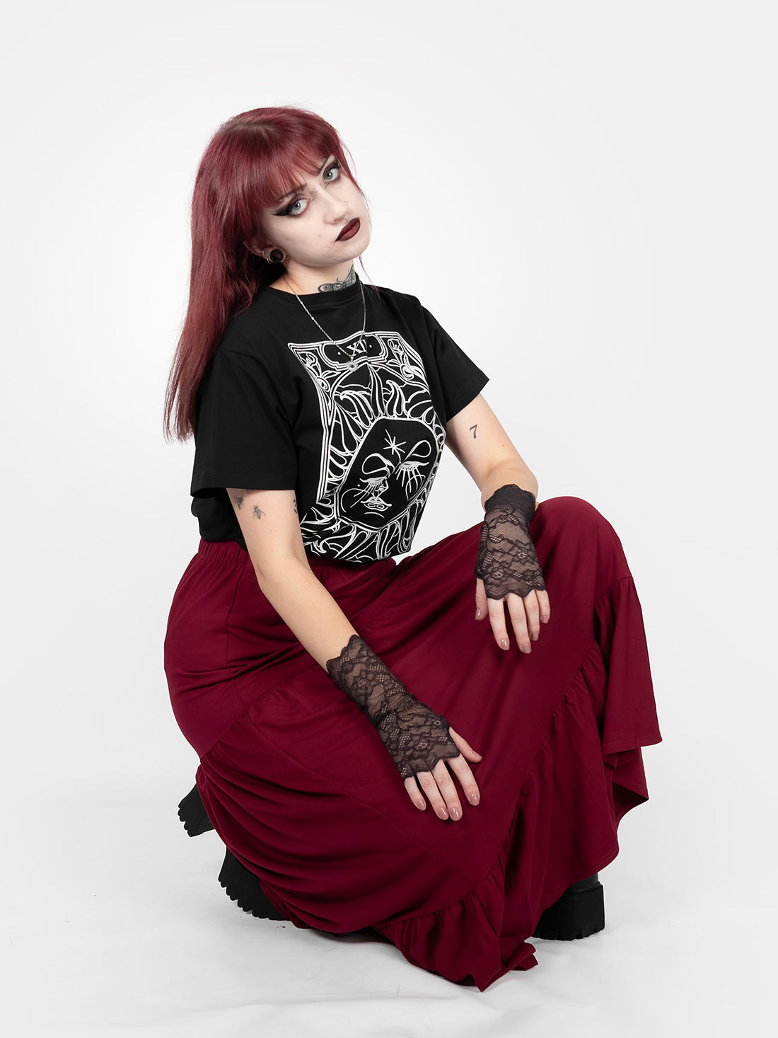 Bordowa spódnica midi z falbanami Oblivion