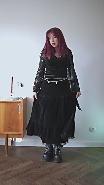 Welurowa spódnica maxi z falbanami Oblivion