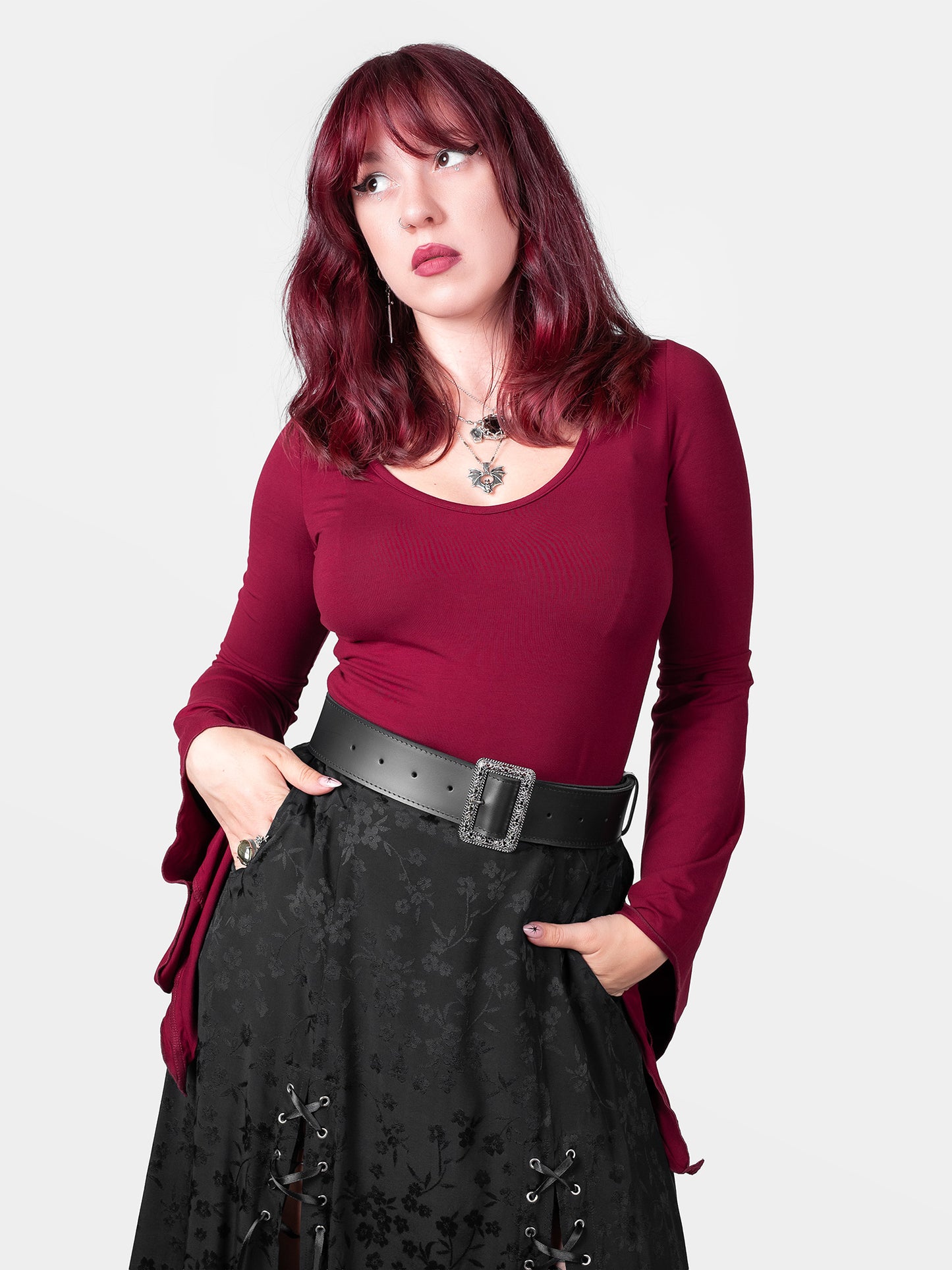 Burgundy Wisteria Bell Sleeve Top