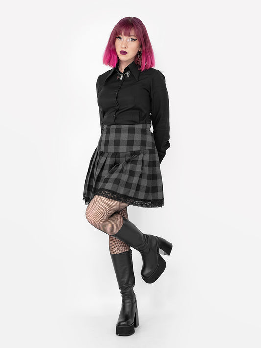 Gray Plaid Pleated Skirt with Lace