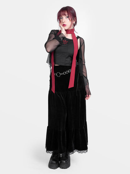 Welurowa spódnica maxi z falbanami Oblivion